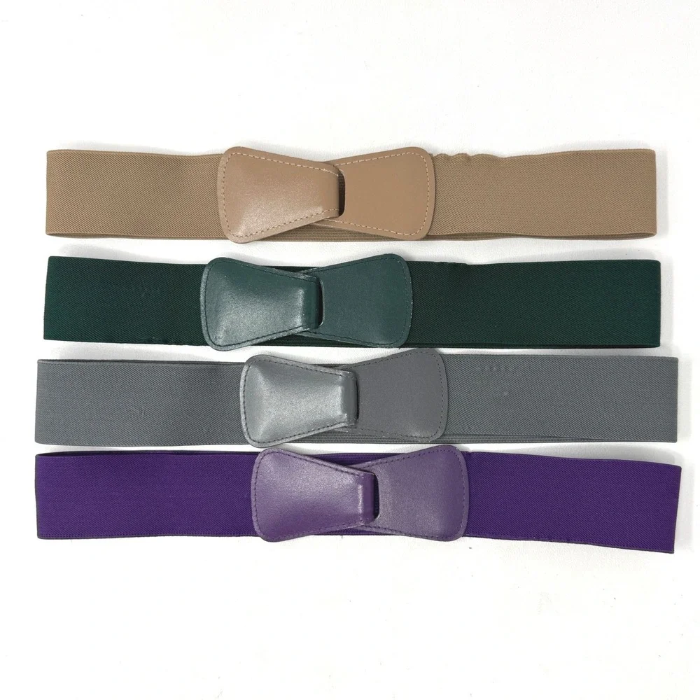 Vtg 90s Stretch Set 4 Belts Hunter Green Purple Tan Gray Preppy Tailored Chic